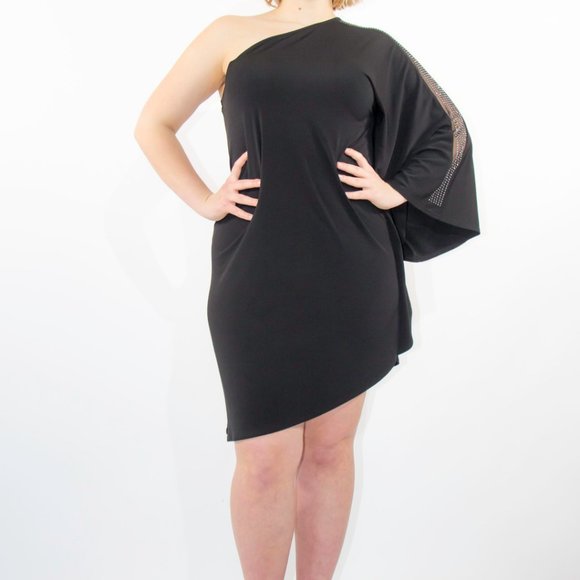 ALLEN B BY ALLEN SCHWARTZ WOMEN'S ONE SHOULDER EMBELLISHED BLACK DRESS Large - Picture 2 of 4